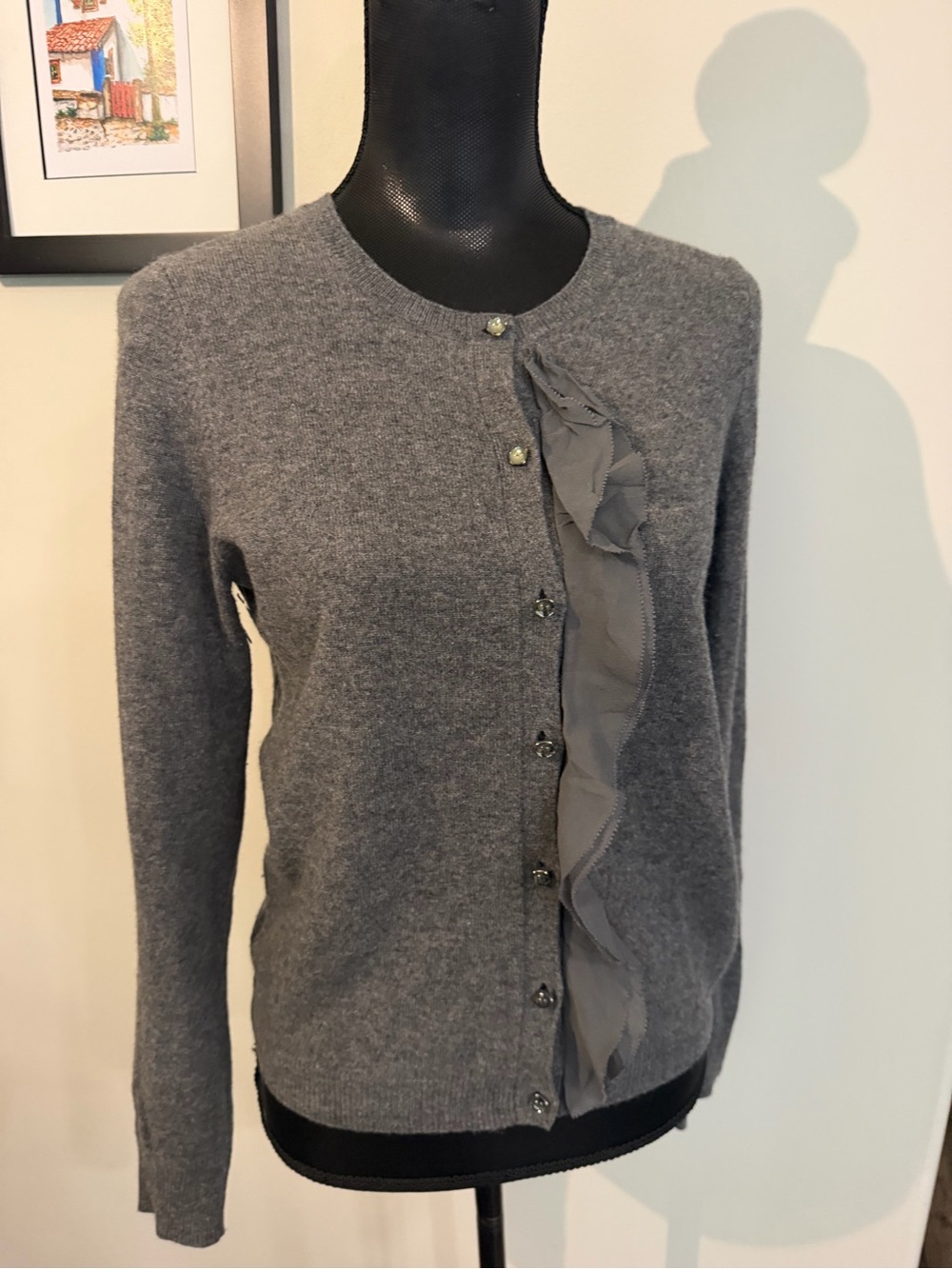 Ann Taylor Women’s Classic Cashmere Grey Knit Cardigan with Ruffle Trim S